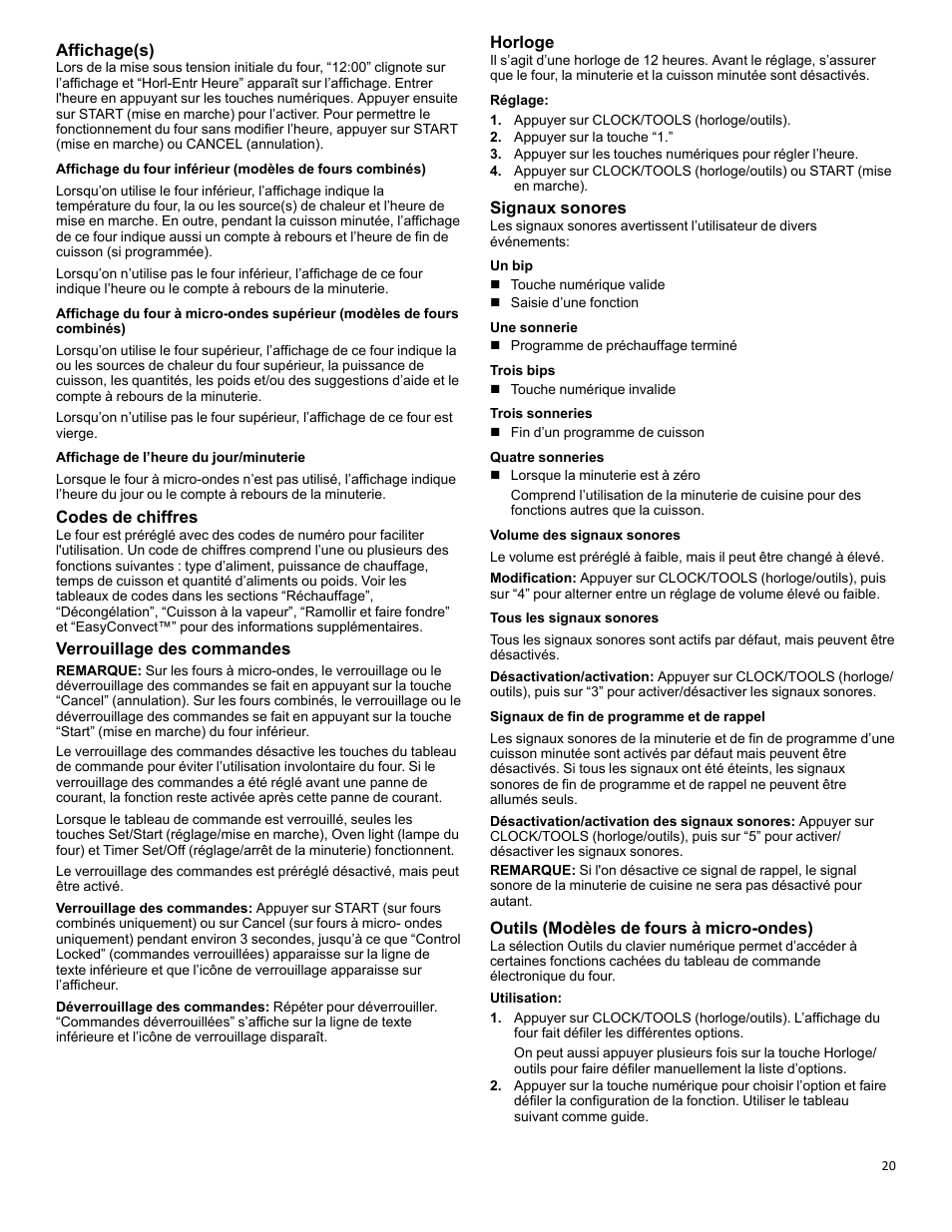 Electronic oven controls_w10643473_fr, Affichage(s), Codes de chiffres | Verrouillage des commandes, Horloge, Signaux sonores, Outils (modèles de fours à micro-ondes) | KITCHENAID 27 Inch Built-in Microwave Oven Built-In Convection Microwave Oven Control Guide User Manual | Page 20 / 30