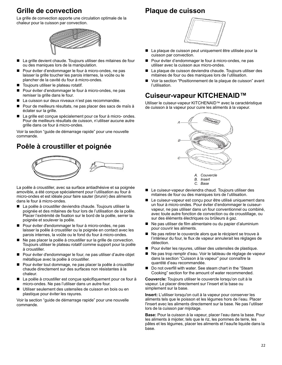 Convection rack_w10643473_fr, Crisper pan and handle_wobimw_cg_fr, Baking tray_wobimw_cg_fr | Ka steamer vessel_w10643473_fr, Grille de convection, Poêle à croustiller et poignée, Plaque de cuisson, Cuiseur-vapeur kitchenaid | KITCHENAID 27 Inch Built-in Microwave Oven Built-In Convection Microwave Oven Control Guide User Manual | Page 22 / 30