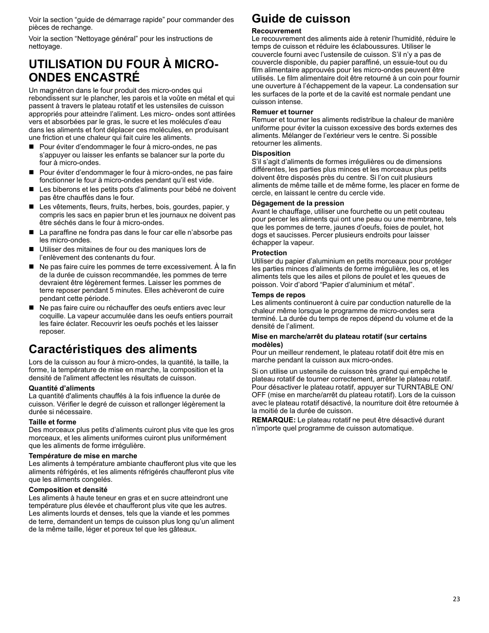 Microwave oven use_w10875904_fr, Food characteristics_wobimw_cg_fr, Cooking guidelines_wobimw_cg_fr | Utilisation du four à micro- ondes encastré, Caractéristiques des aliments, Guide de cuisson | KITCHENAID 27 Inch Built-in Microwave Oven Built-In Convection Microwave Oven Control Guide User Manual | Page 23 / 30