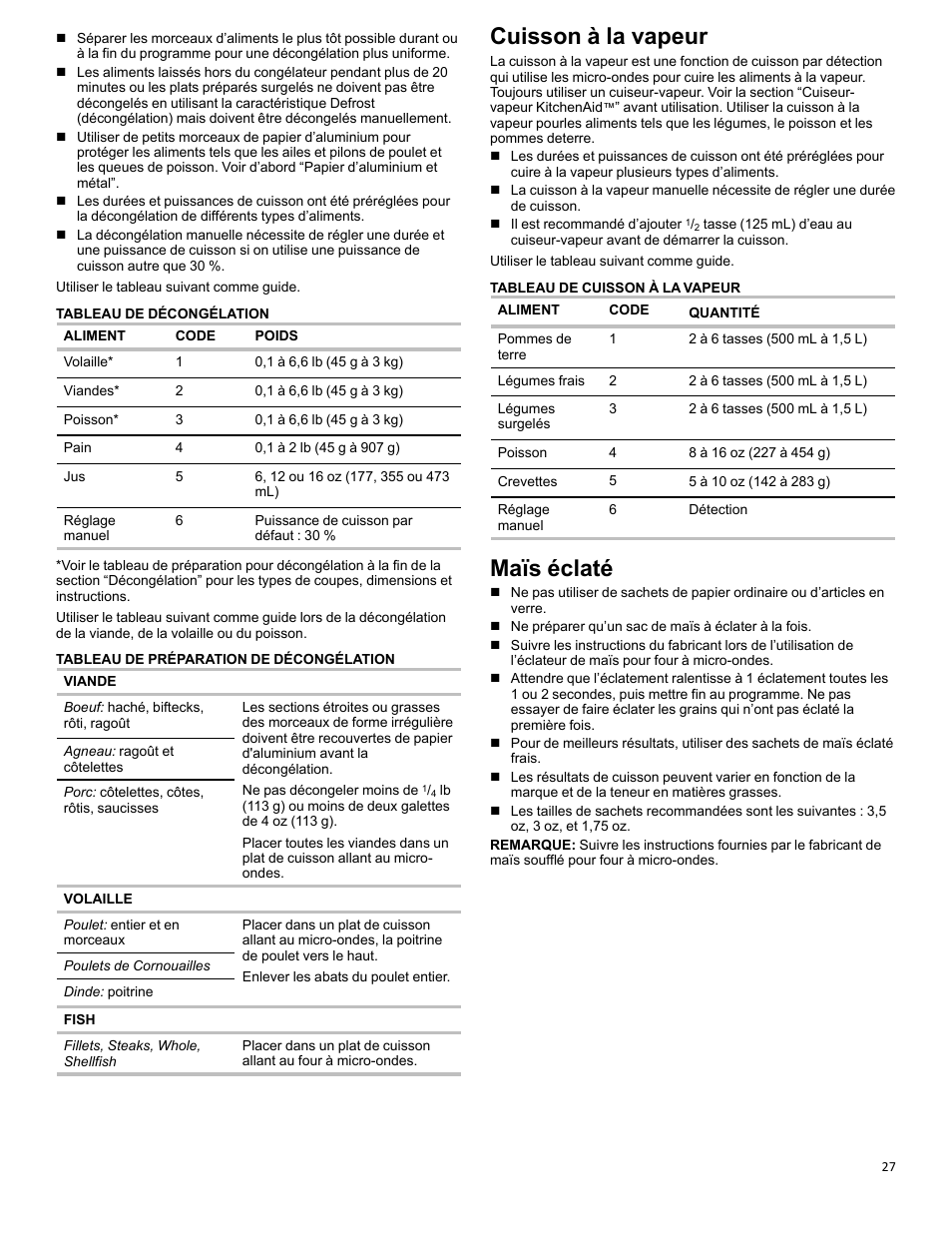 Steam cooking_w10643473_fr, Popcorn_w10643473_fr, Cuisson à la vapeur | Maïs éclaté | KITCHENAID 27 Inch Built-in Microwave Oven Built-In Convection Microwave Oven Control Guide User Manual | Page 27 / 30