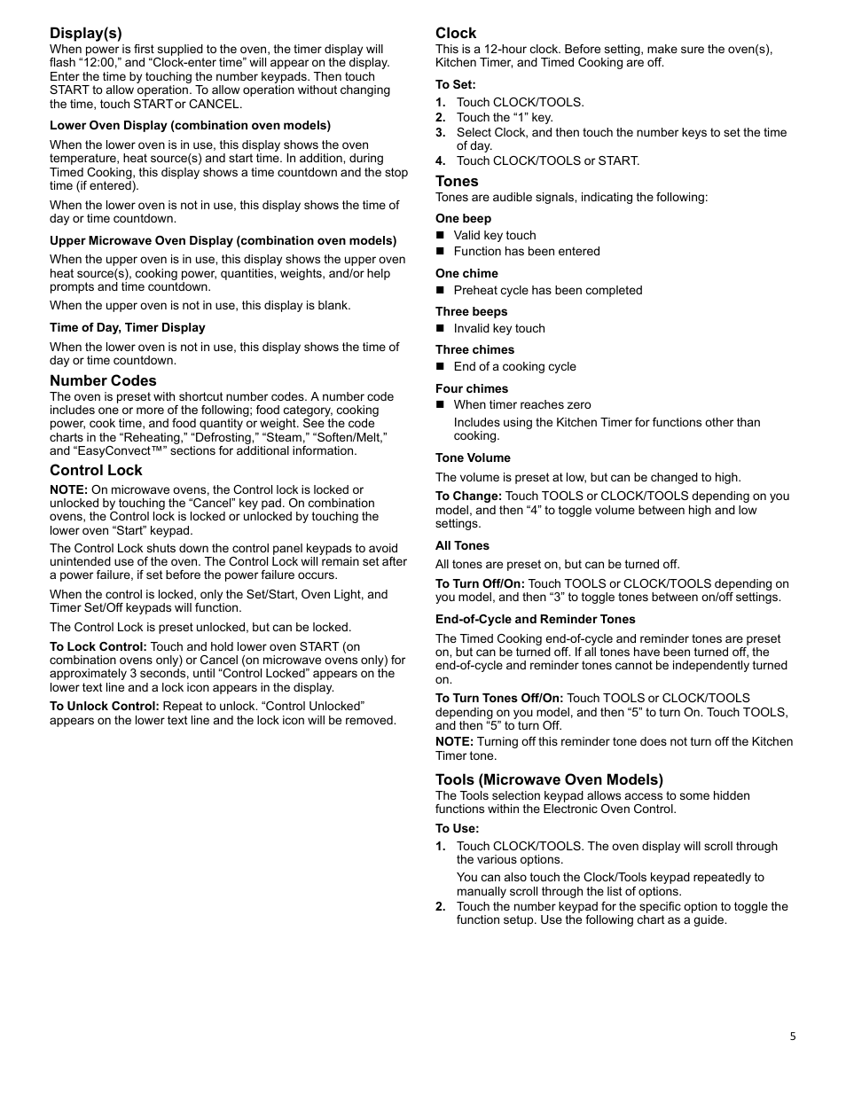 Electronic oven controls_w10643473, Display(s), Number codes | Control lock, Clock, Tones, Tools (microwave oven models) | KITCHENAID 27 Inch Built-in Microwave Oven Built-In Convection Microwave Oven Control Guide User Manual | Page 5 / 30