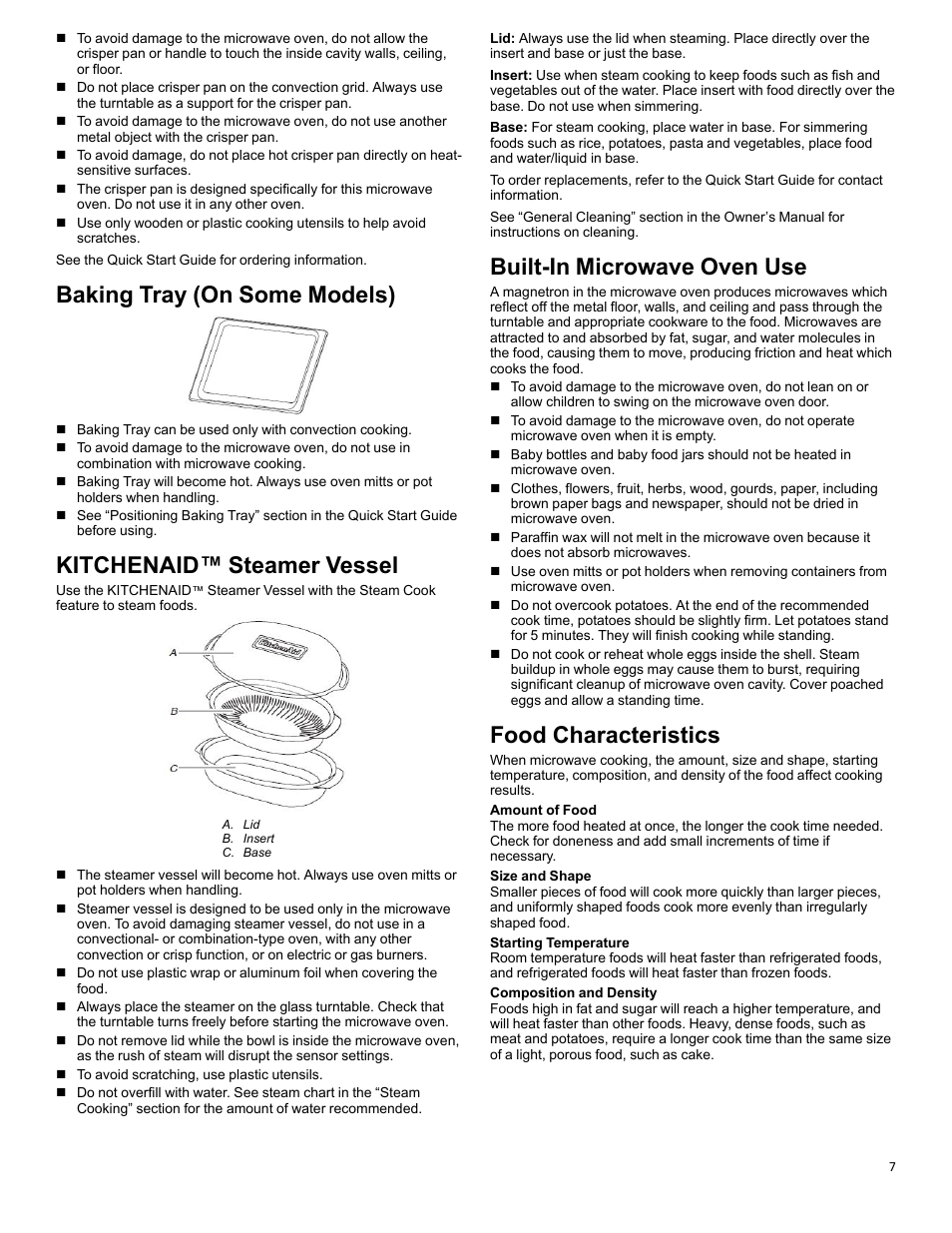 Baking tray_wobimw_cg, Ka steamer vessel_w10643473, Microwave oven use_w10875904 | Food characteristics_wobimw_cg, Baking tray (on some models), Kitchenaid™ steamer vessel, Built-in microwave oven use, Food characteristics | KITCHENAID 27 Inch Built-in Microwave Oven Built-In Convection Microwave Oven Control Guide User Manual | Page 7 / 30