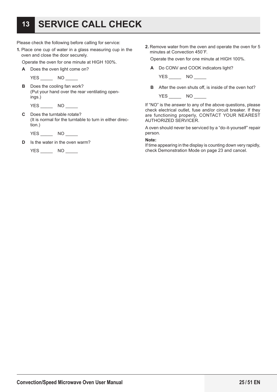 Service call check | Beko 1.6 cu. ft. Built-in Microwave Oven Owners Guide User Manual | Page 25 / 52