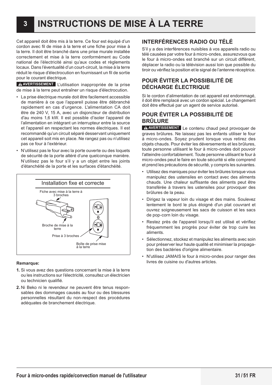 Instructions de mise à la terre | Beko 1.6 cu. ft. Built-in Microwave Oven Owners Guide User Manual | Page 31 / 52
