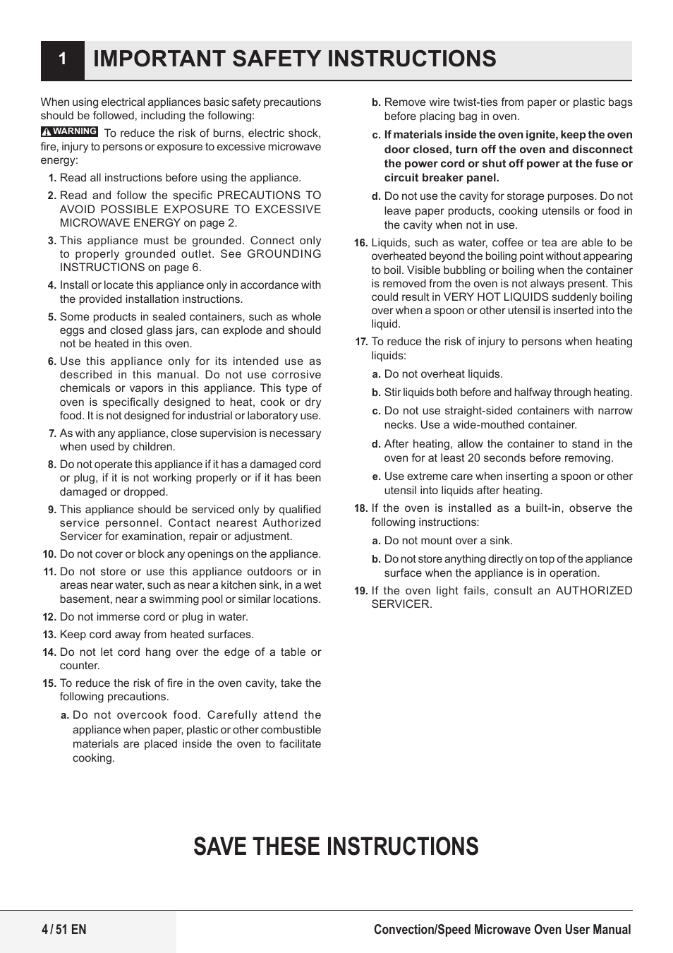 Save these instructions, Important safety instructions | Beko 1.6 cu. ft. Built-in Microwave Oven Owners Guide User Manual | Page 4 / 52