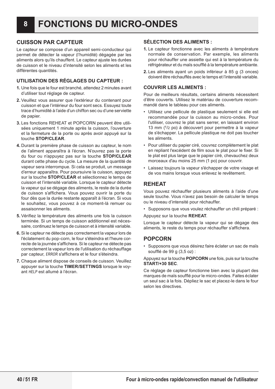 Fonctions du micro-ondes | Beko 1.6 cu. ft. Built-in Microwave Oven Owners Guide User Manual | Page 40 / 52