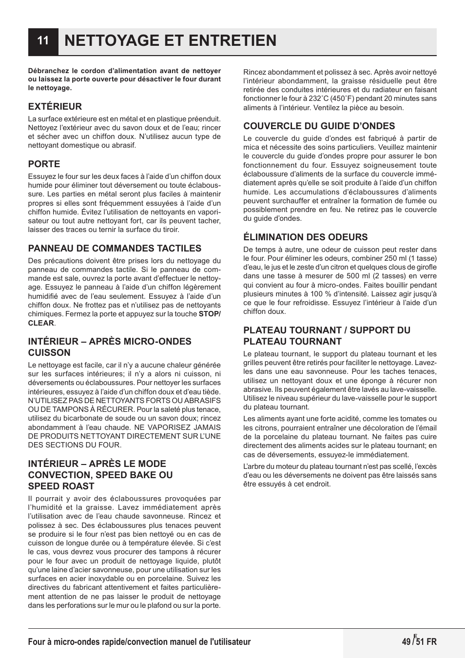 Nettoyage et entretien | Beko 1.6 cu. ft. Built-in Microwave Oven Owners Guide User Manual | Page 49 / 52