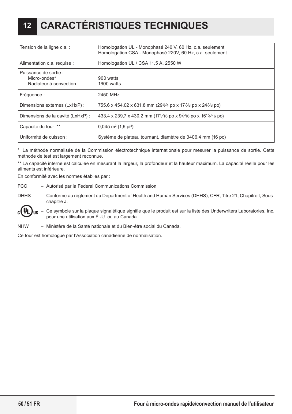 Caractéristiques techniques | Beko 1.6 cu. ft. Built-in Microwave Oven Owners Guide User Manual | Page 50 / 52
