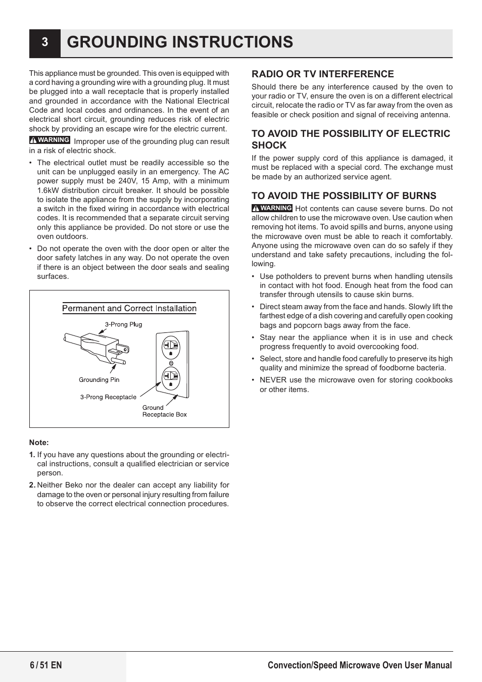 Grounding instructions | Beko 1.6 cu. ft. Built-in Microwave Oven Owners Guide User Manual | Page 6 / 52