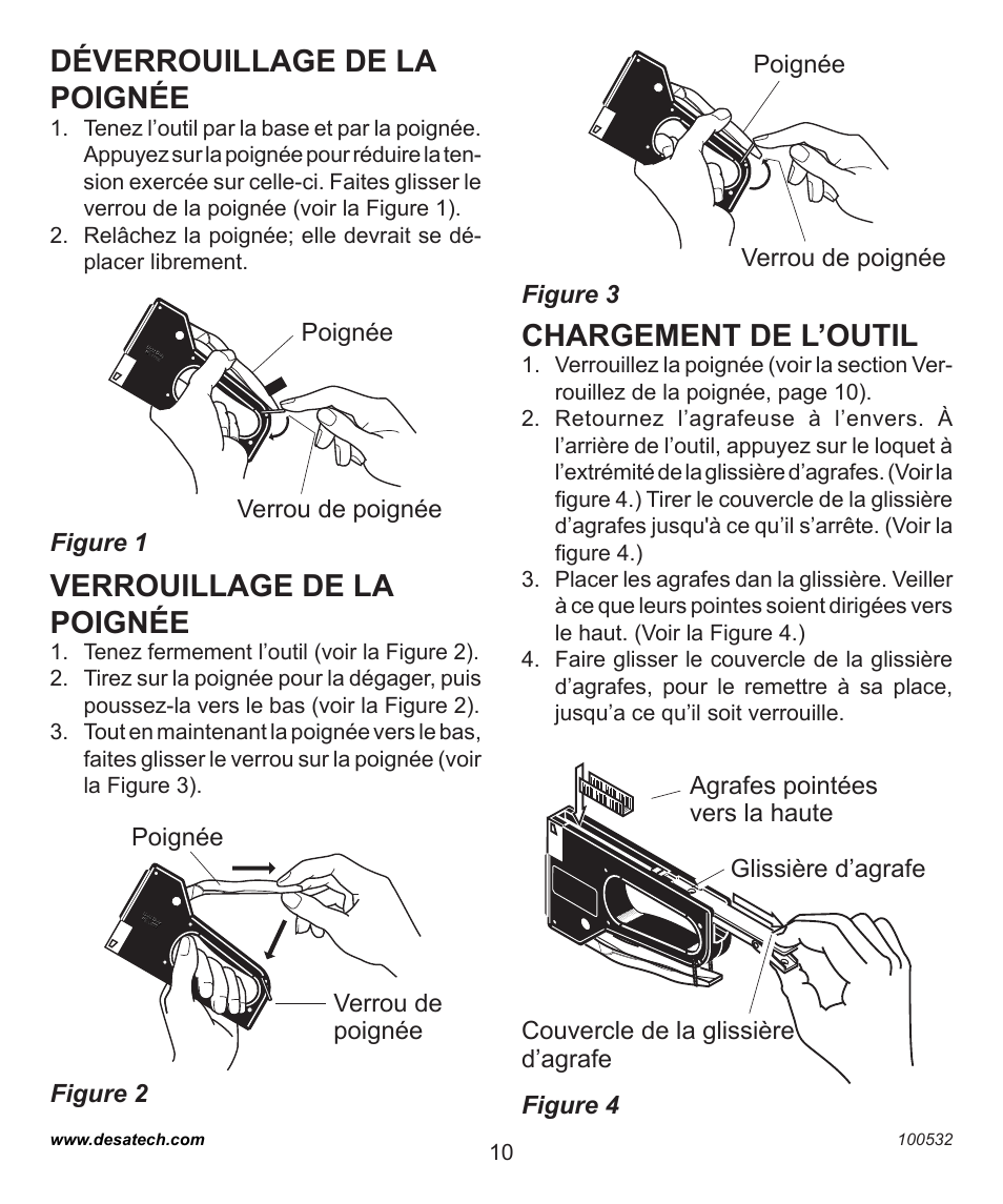 Déverrouillage de la poignée, Verrouillage de la poignée, Chargement de l’outil | Desa 31190 User Manual | Page 10 / 12