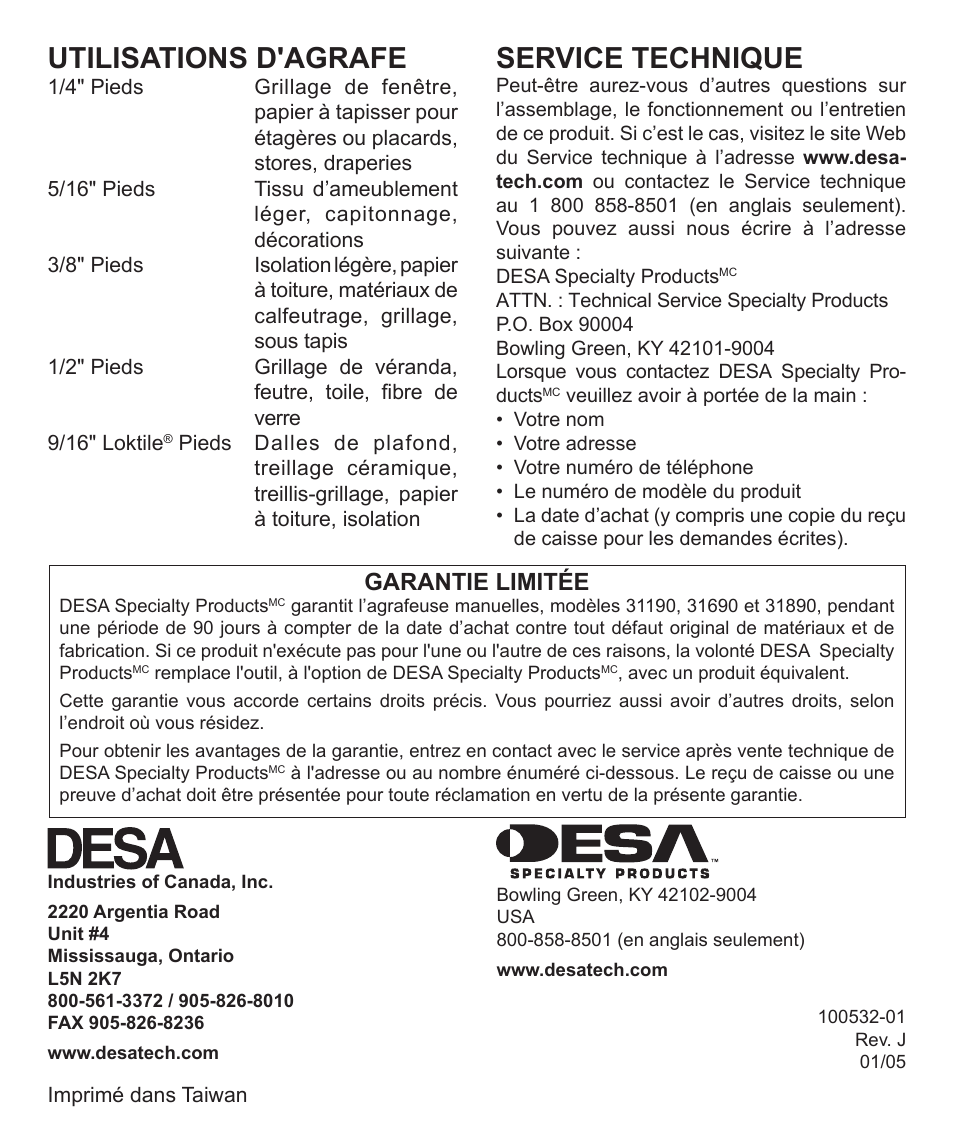 Utilisations d'agrafe, Service technique, Garantie limitée | Desa 31190 User Manual | Page 12 / 12