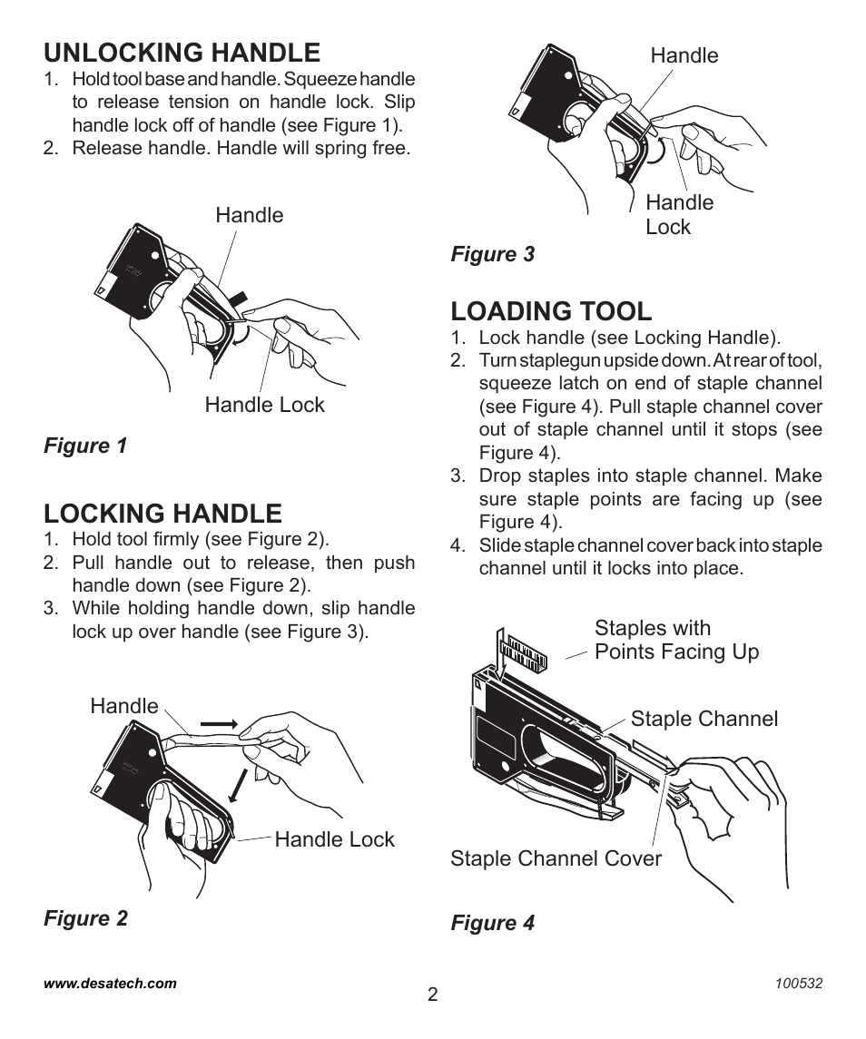 Unlocking handle, Locking handle, Loading tool | Figure 3, Handle | Desa 31190 User Manual | Page 2 / 12