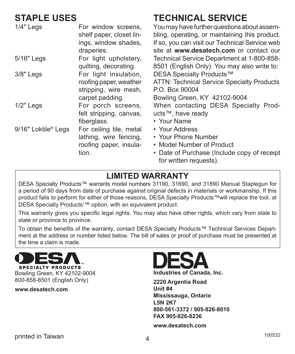 Staple uses, Technical service, Limited warranty | Desa 31190 User Manual | Page 4 / 12