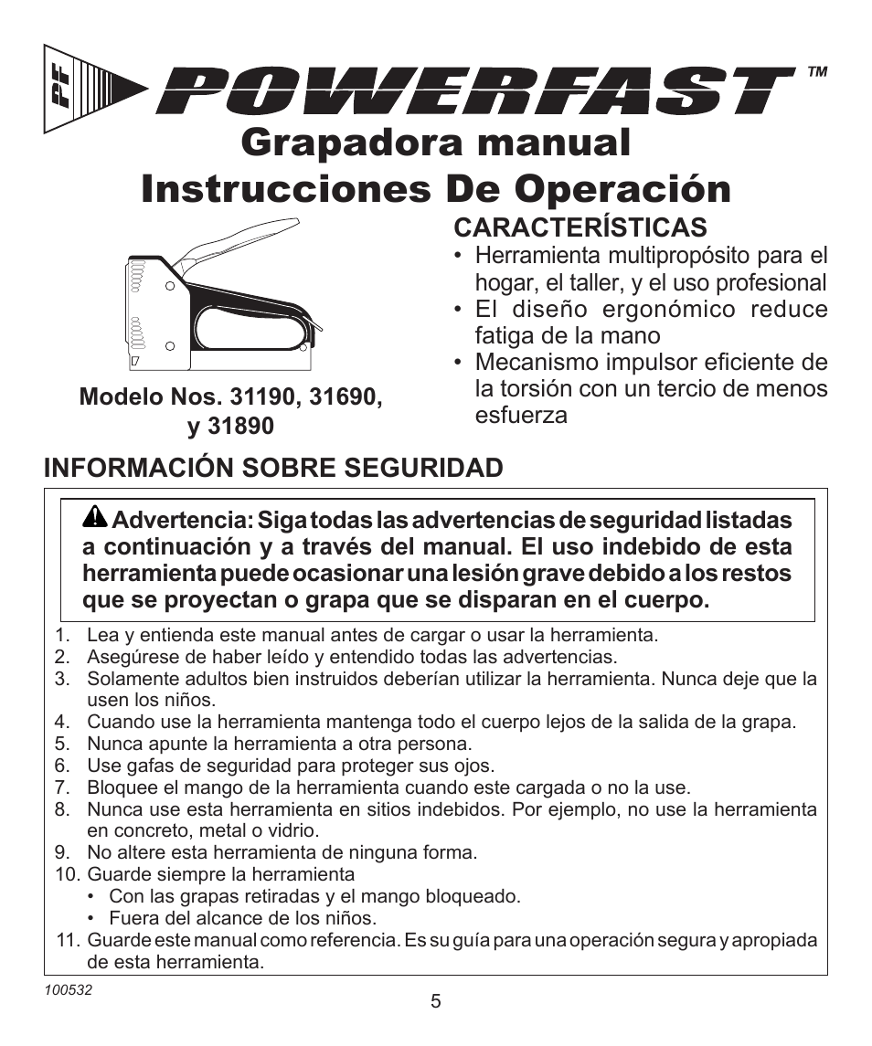 Grapadora manual instrucciones de operación, Características, Información sobre seguridad | Desa 31190 User Manual | Page 5 / 12