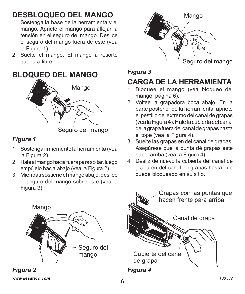 Desbloqueo del mango, Bloqueo del mango, Carga de la herramienta | Figura 3, Mango | Desa 31190 User Manual | Page 6 / 12