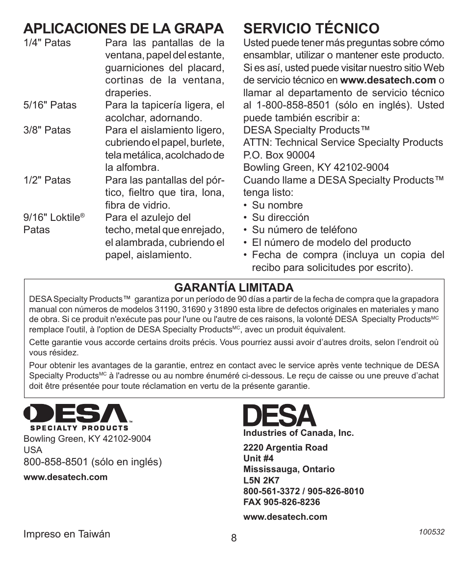 Aplicaciones de la grapa, Servicio técnico | Desa 31190 User Manual | Page 8 / 12