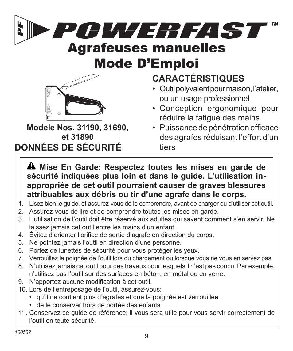Agrafeuses manuelles mode d’emploi, Caractéristiques, Données de sécurité | Desa 31190 User Manual | Page 9 / 12