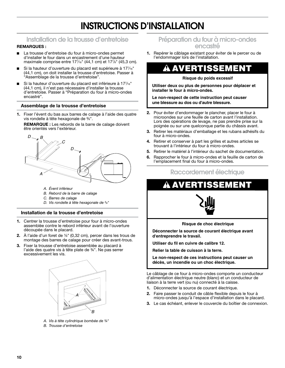 Instructions d’installation, Avertissement, Installation de la trousse d’entretoise | Préparation du four à micro-ondes encastré, Raccordement électrique | KITCHENAID 30 Inch Built-in Microwave Oven Installation Instructions User Manual | Page 10 / 12