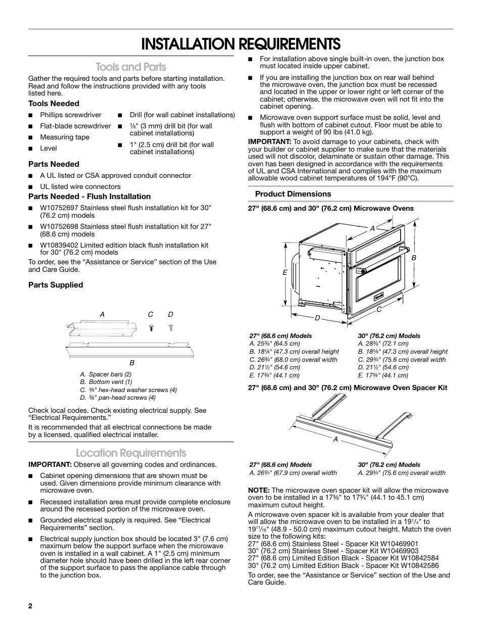 Installation requirements, Tools and parts, Location requirements | KITCHENAID 30 Inch Built-in Microwave Oven Installation Instructions User Manual | Page 2 / 12