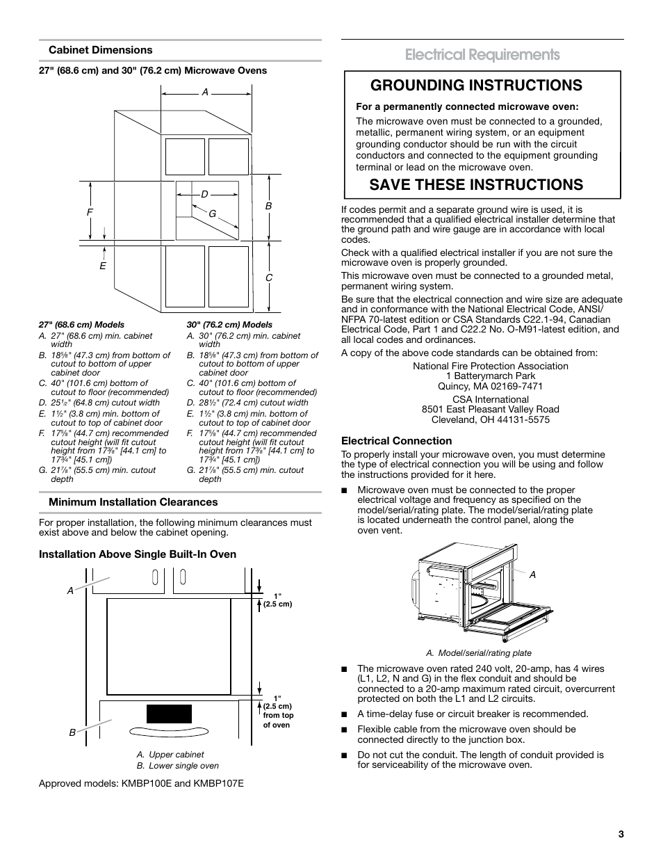 Electrical requirements, Grounding instructions save these instructions | KITCHENAID 30 Inch Built-in Microwave Oven Installation Instructions User Manual | Page 3 / 12