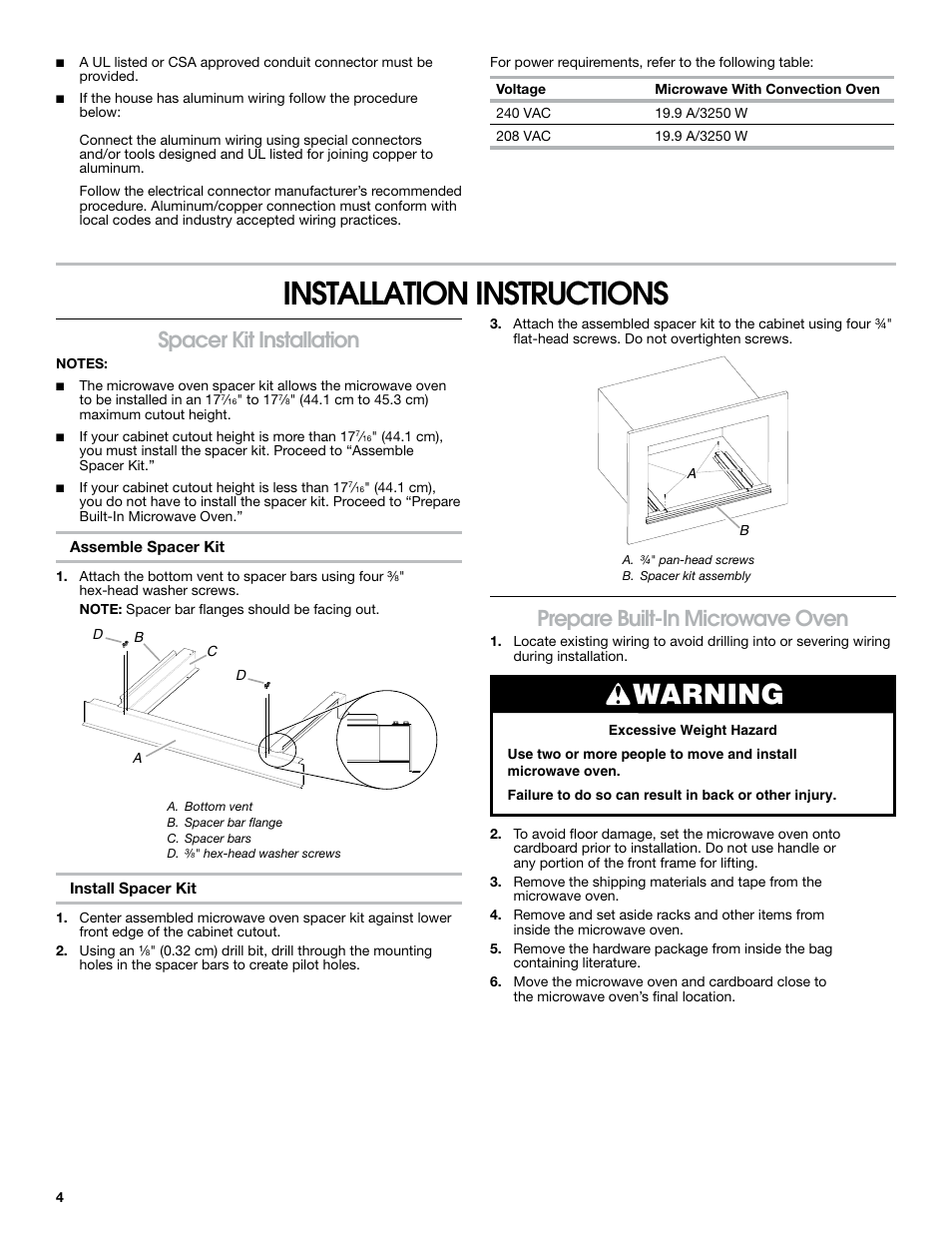 Installation instructions, Warning, Spacer kit installation | Prepare built-in microwave oven | KITCHENAID 30 Inch Built-in Microwave Oven Installation Instructions User Manual | Page 4 / 12