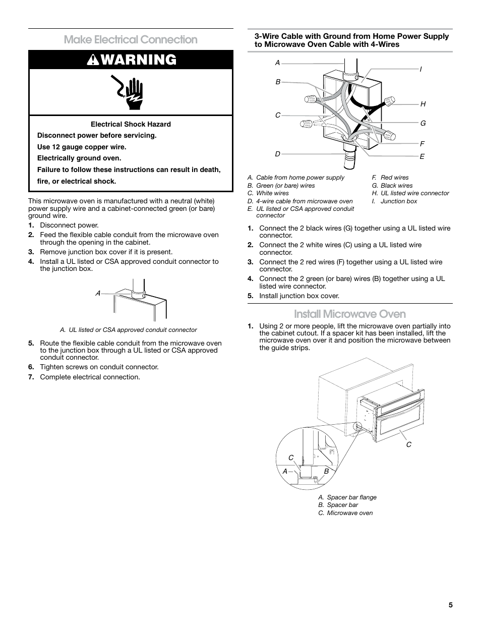 Warning, Make electrical connection, Install microwave oven | KITCHENAID 30 Inch Built-in Microwave Oven Installation Instructions User Manual | Page 5 / 12