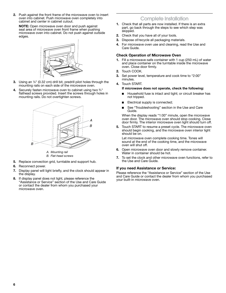 Complete installation | KITCHENAID 30 Inch Built-in Microwave Oven Installation Instructions User Manual | Page 6 / 12