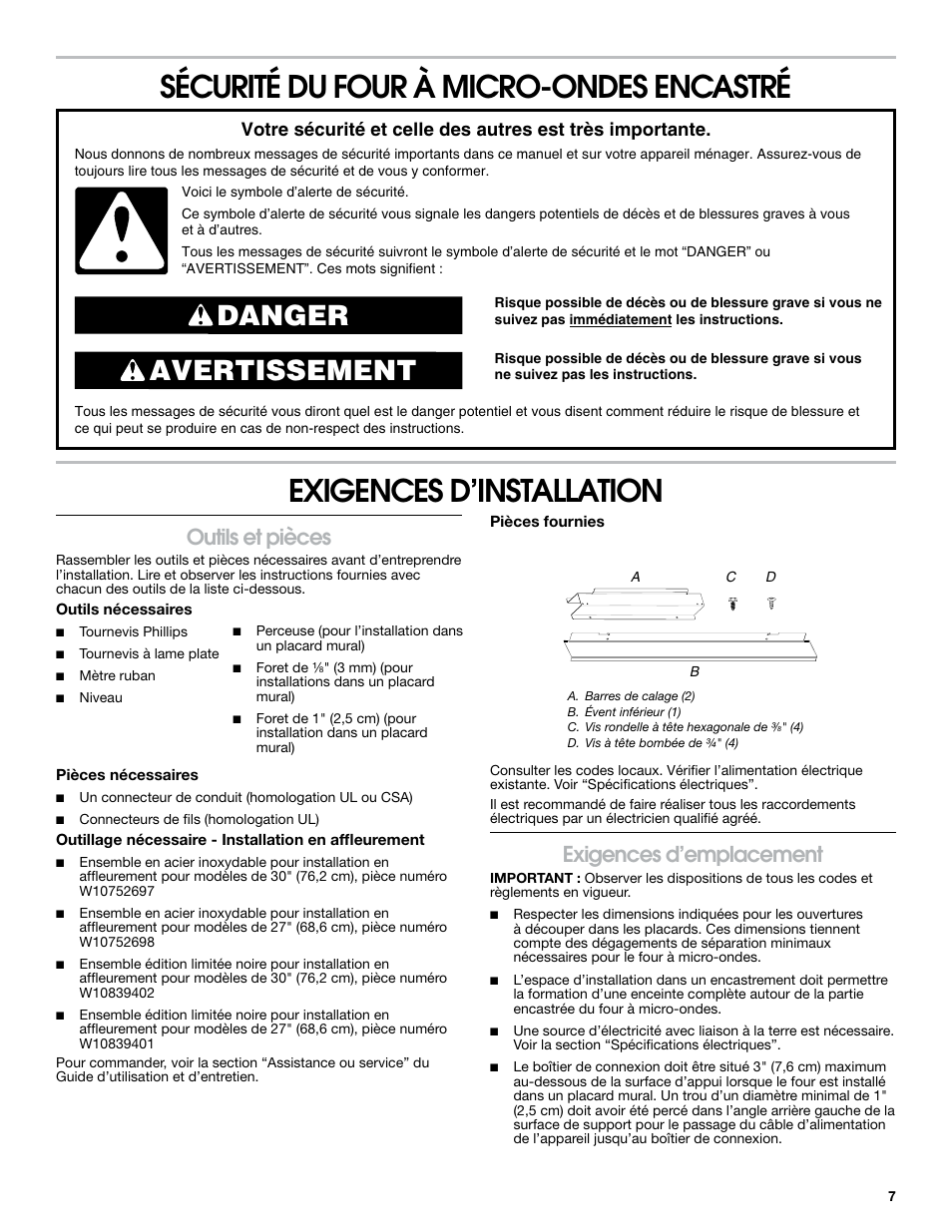 Avertissement danger, Outils et pièces, Exigences d’emplacement | KITCHENAID 30 Inch Built-in Microwave Oven Installation Instructions User Manual | Page 7 / 12