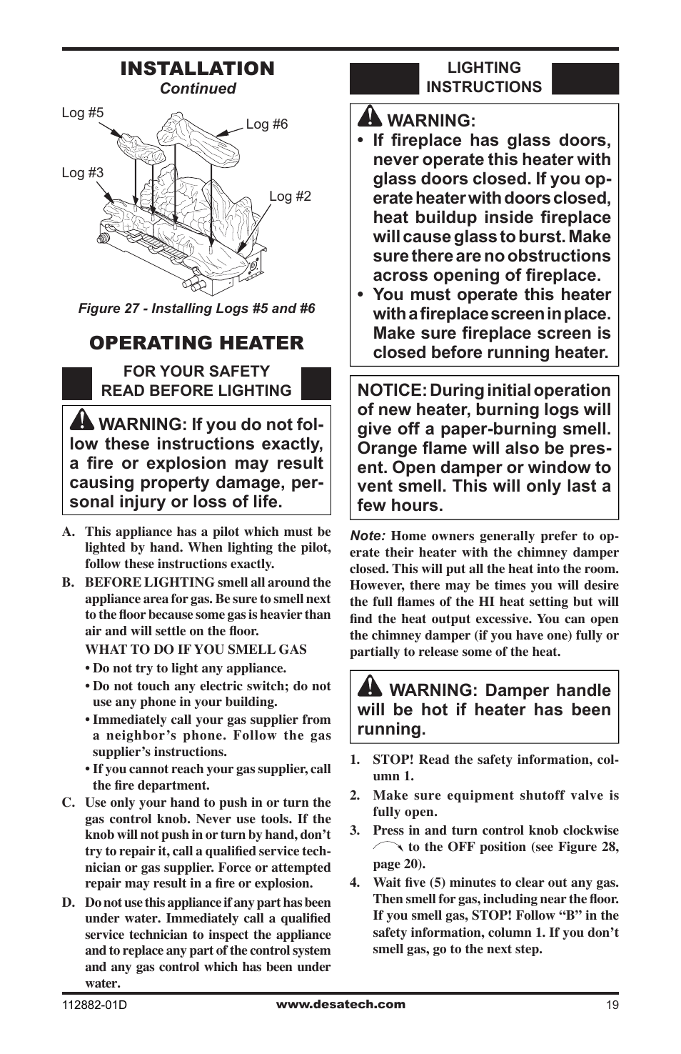 Operating heater, Installation | Desa VGL18NRA User Manual | Page 19 / 32