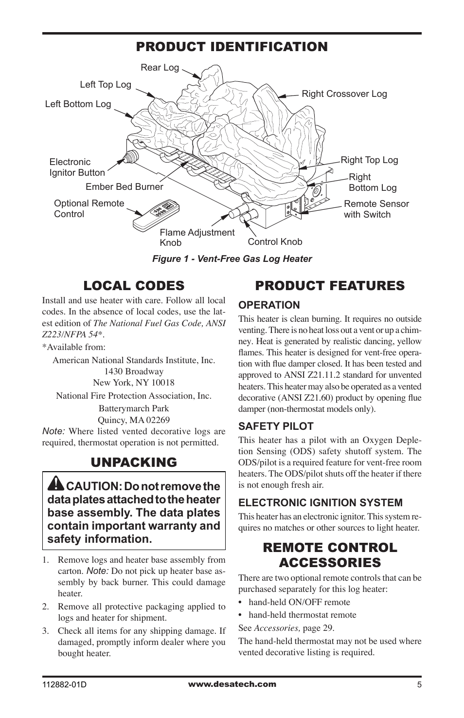 Product identification, Local codes, Unpacking | Product features, Remote control accessories | Desa VGL18NRA User Manual | Page 5 / 32