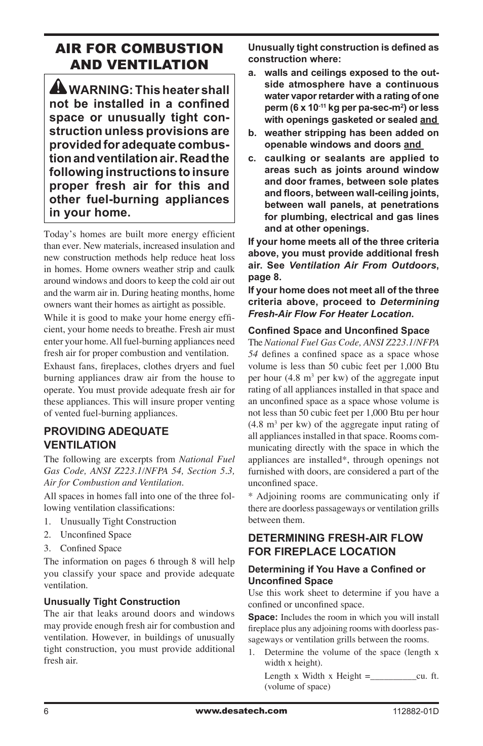 Air for combustion and ventilation | Desa VGL18NRA User Manual | Page 6 / 32