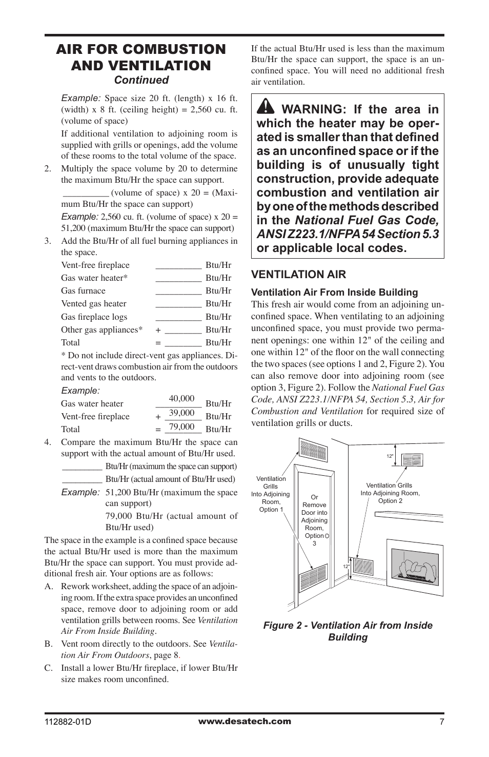 Air for combustion and ventilation | Desa VGL18NRA User Manual | Page 7 / 32