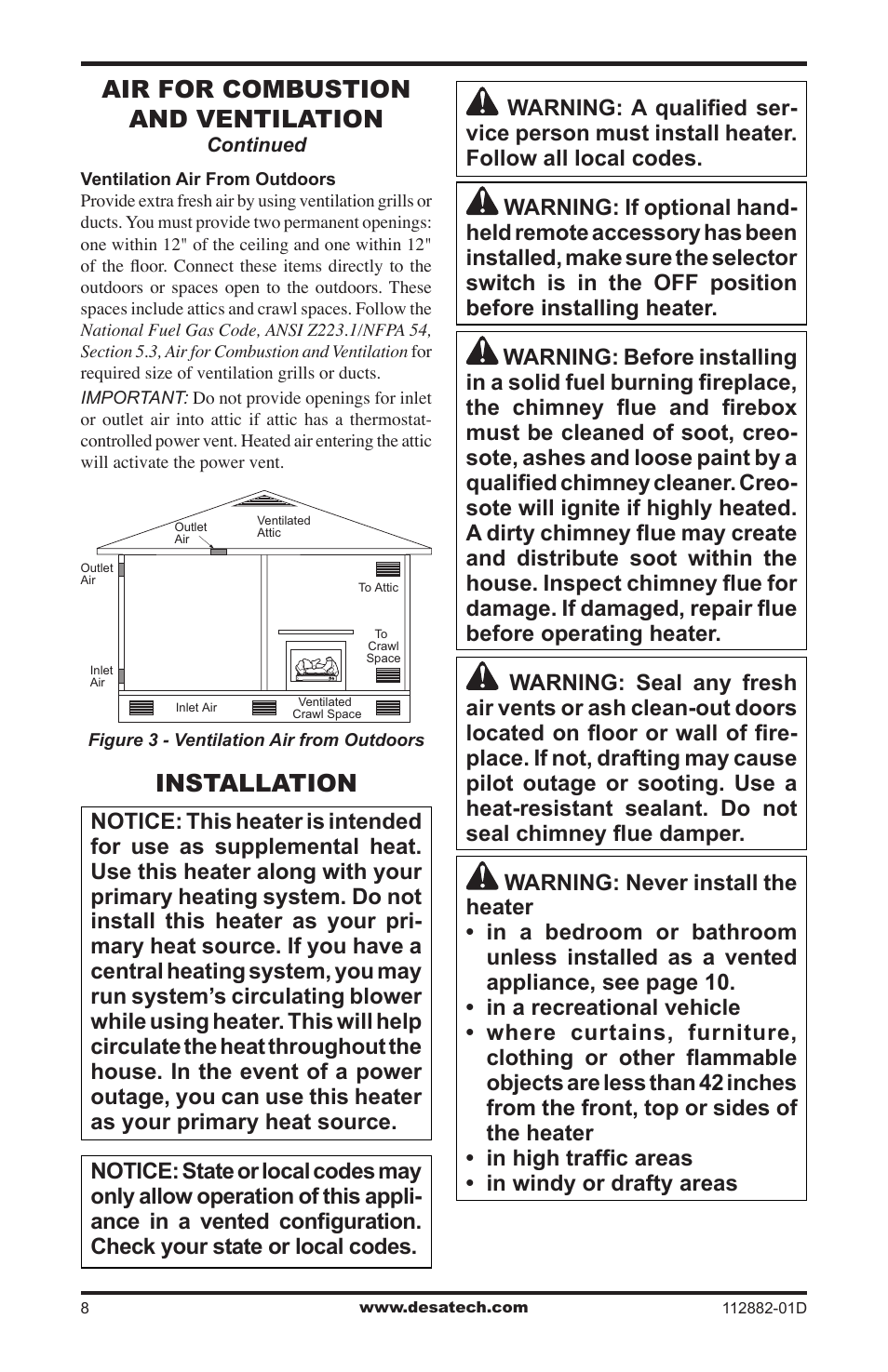 Installation, Air for combustion and ventilation | Desa VGL18NRA User Manual | Page 8 / 32