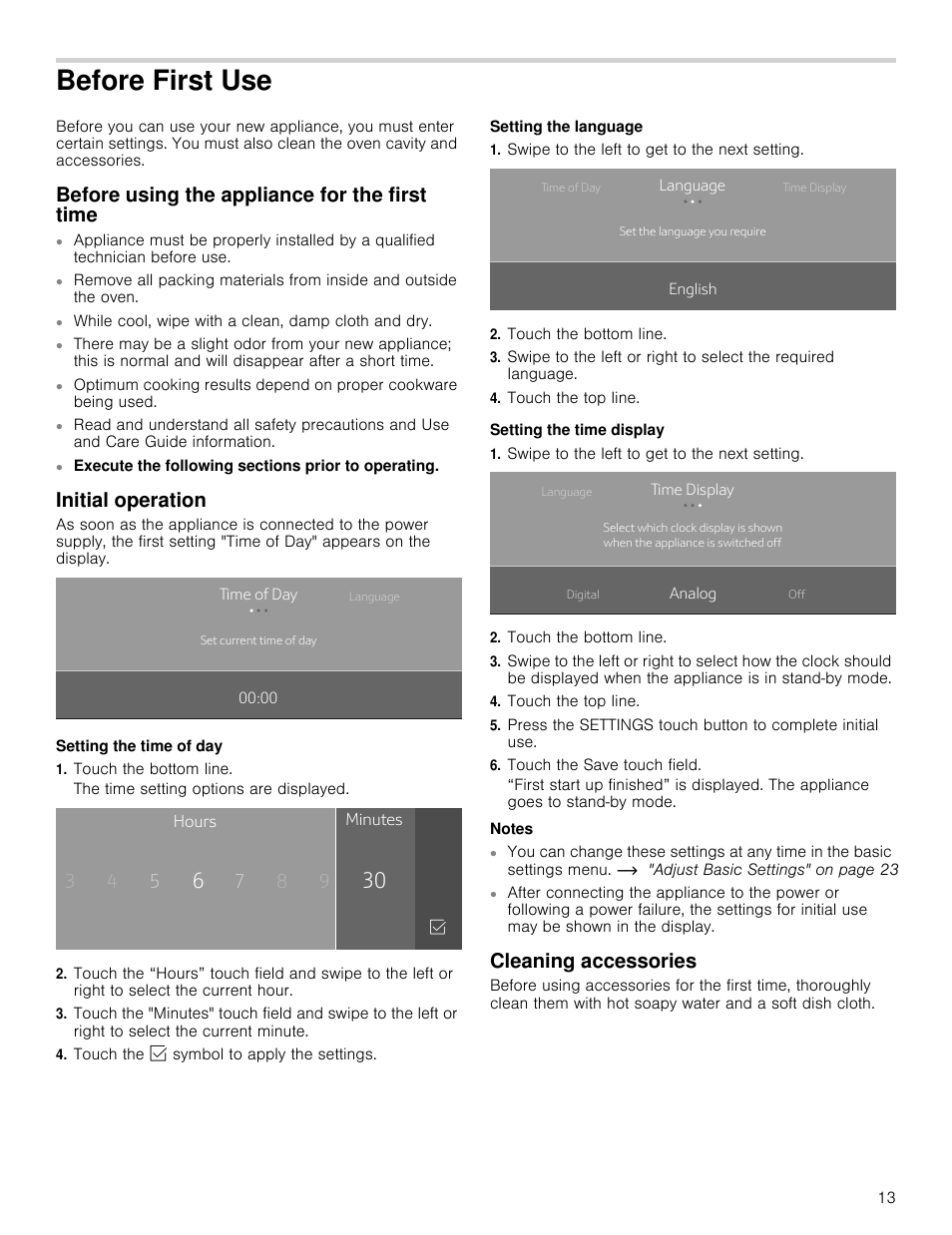 Before first use, Before using the appliance for the first time, Initial operation | Cleaning accessories | Thermador Masterpiece Series 30 Inch Built-In Microwave Use and Care Guide User Manual | Page 13 / 60