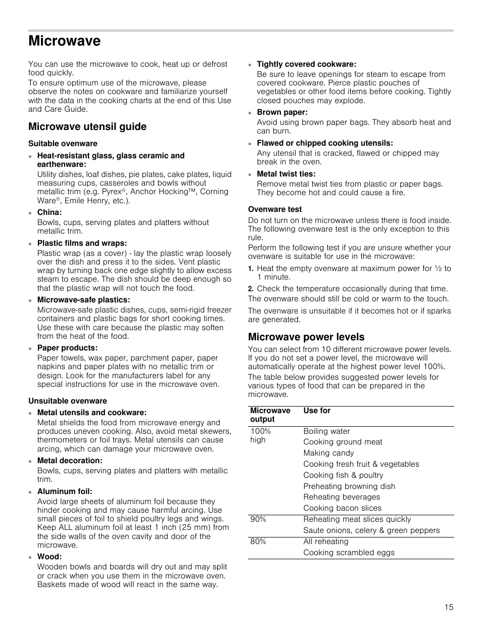 Microwave, Microwave utensil guide, Microwave power levels | Thermador Masterpiece Series 30 Inch Built-In Microwave Use and Care Guide User Manual | Page 15 / 60