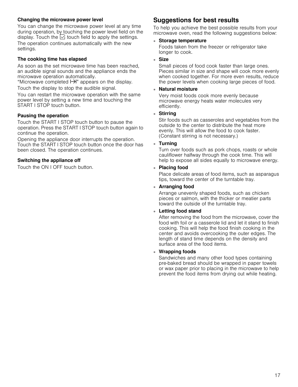 Suggestions for best results | Thermador Masterpiece Series 30 Inch Built-In Microwave Use and Care Guide User Manual | Page 17 / 60