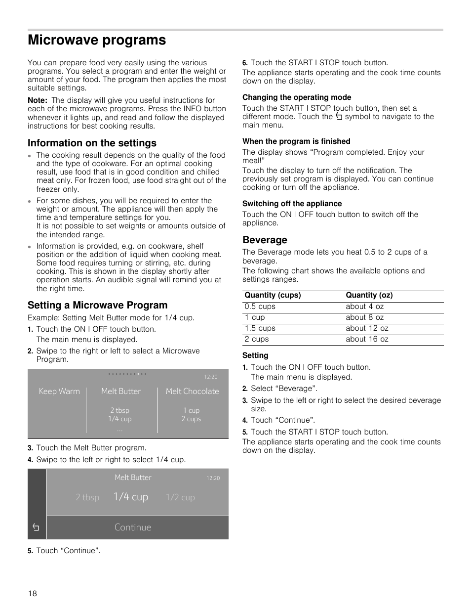 Microwave programs, Information on the settings, Setting a microwave program | Beverage, Rqwlqxh | Thermador Masterpiece Series 30 Inch Built-In Microwave Use and Care Guide User Manual | Page 18 / 60