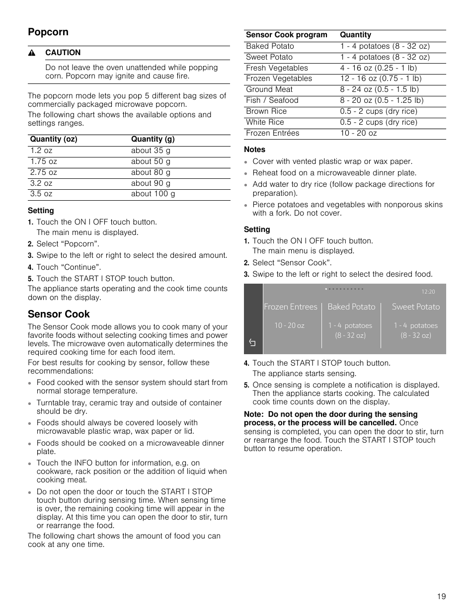 Popcorn, Sensor cook | Thermador Masterpiece Series 30 Inch Built-In Microwave Use and Care Guide User Manual | Page 19 / 60