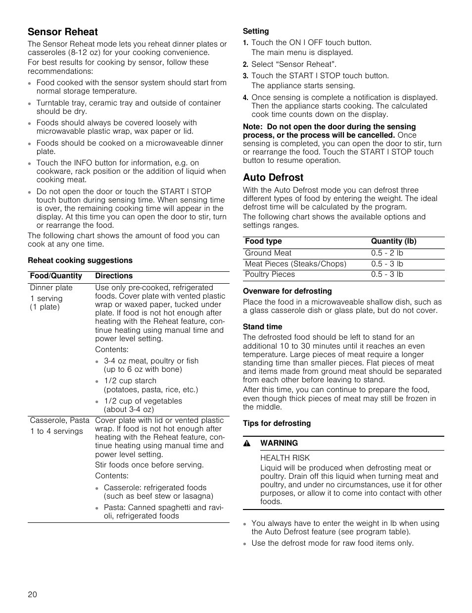 Sensor reheat, Auto defrost | Thermador Masterpiece Series 30 Inch Built-In Microwave Use and Care Guide User Manual | Page 20 / 60