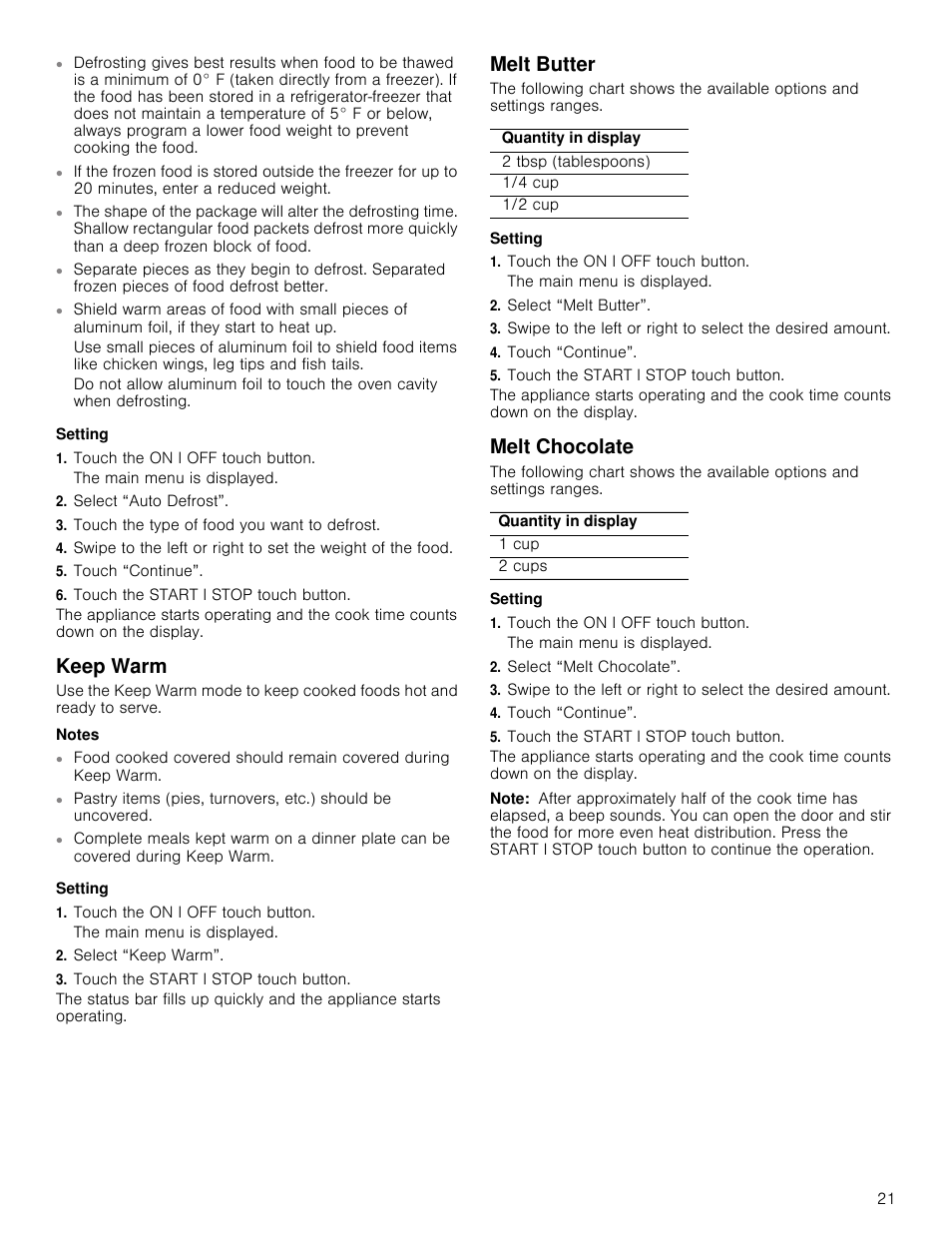 Keep warm, Melt butter, Melt chocolate | Thermador Masterpiece Series 30 Inch Built-In Microwave Use and Care Guide User Manual | Page 21 / 60