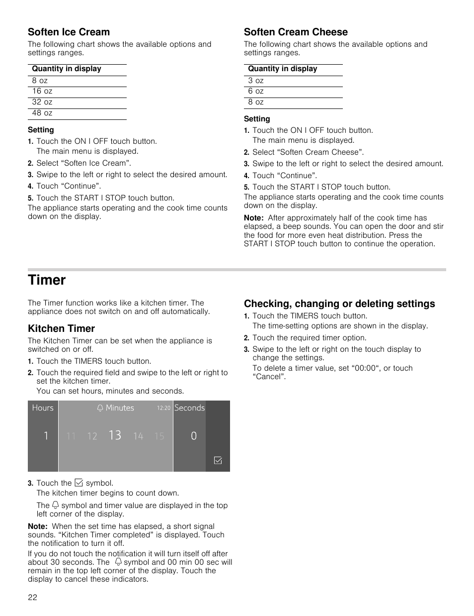 Timer, Soften ice cream, Soften cream cheese | Kitchen timer, Checking, changing or deleting settings | Thermador Masterpiece Series 30 Inch Built-In Microwave Use and Care Guide User Manual | Page 22 / 60