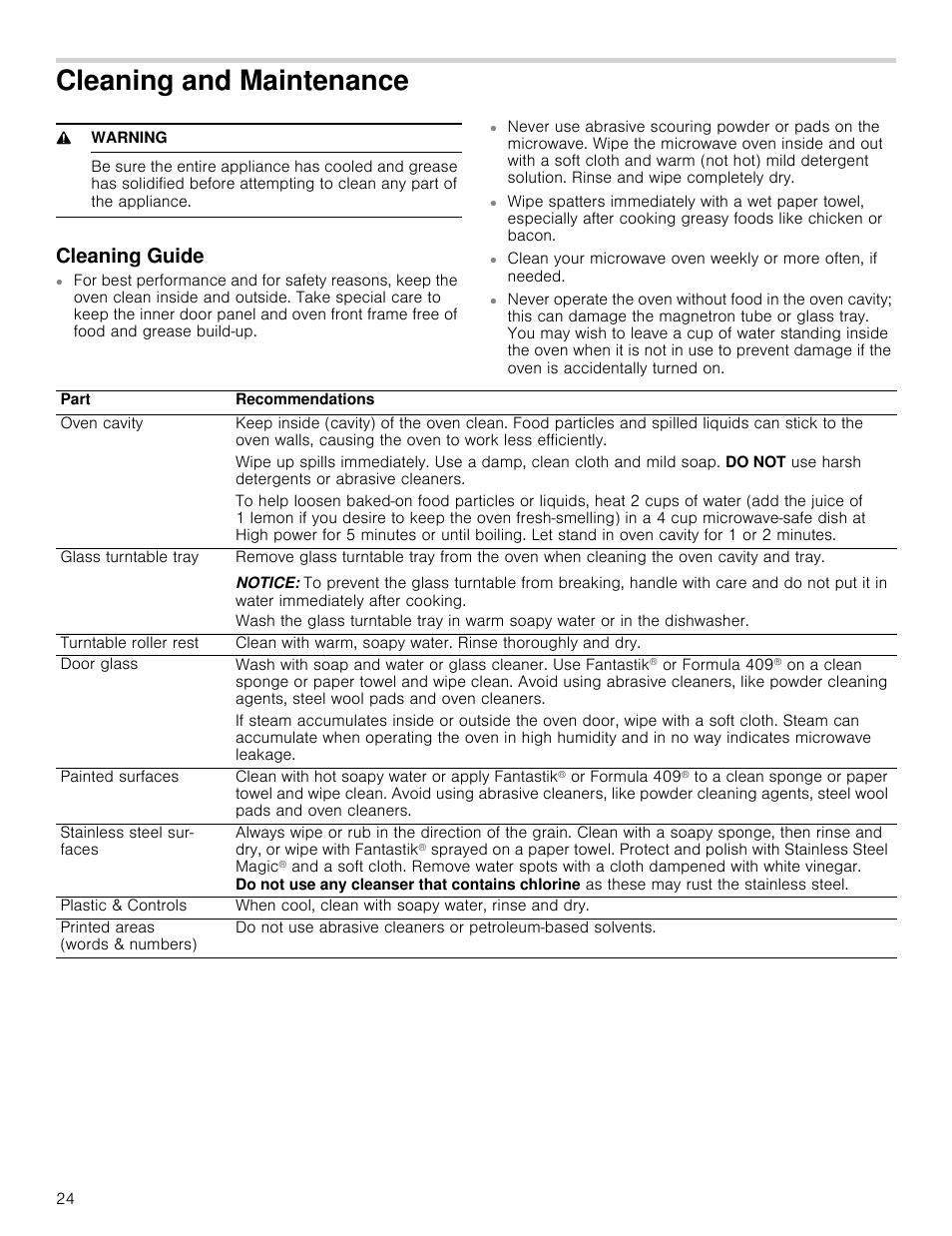 Cleaning and maintenance, Cleaning guide | Thermador Masterpiece Series 30 Inch Built-In Microwave Use and Care Guide User Manual | Page 24 / 60