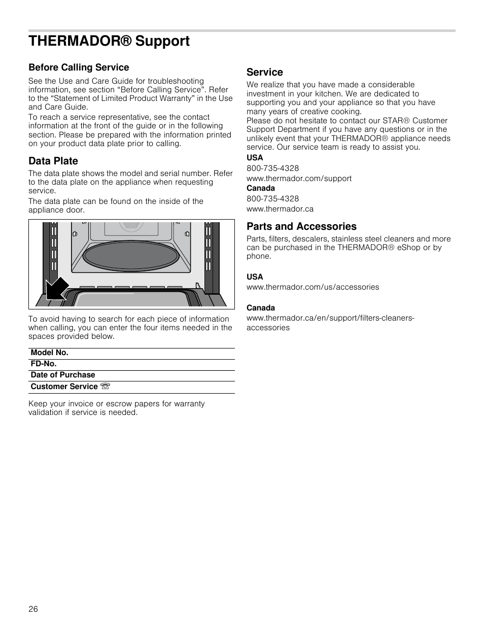 Thermador® support, Data plate, Service | Parts and accessories | Thermador Masterpiece Series 30 Inch Built-In Microwave Use and Care Guide User Manual | Page 26 / 60