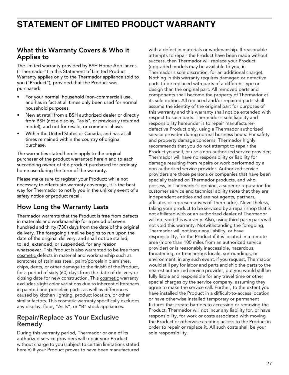 Statement of limited product warranty, What this warranty covers & who it applies to, How long the warranty lasts | Repair/replace as your exclusive remedy | Thermador Masterpiece Series 30 Inch Built-In Microwave Use and Care Guide User Manual | Page 27 / 60