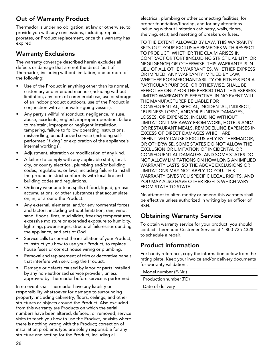 Out of warranty product, Warranty exclusions, Obtaining warranty service | Product information | Thermador Masterpiece Series 30 Inch Built-In Microwave Use and Care Guide User Manual | Page 28 / 60