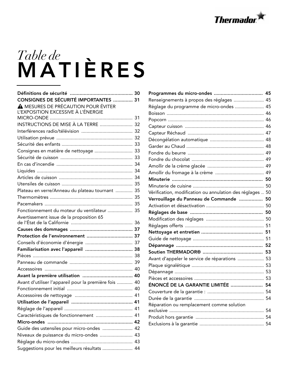 Table de | Thermador Masterpiece Series 30 Inch Built-In Microwave Use and Care Guide User Manual | Page 29 / 60