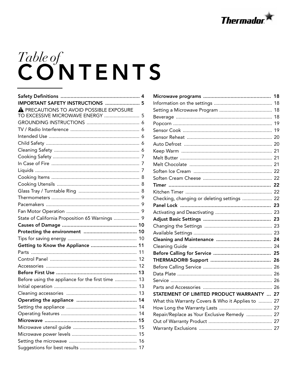 Table of | Thermador Masterpiece Series 30 Inch Built-In Microwave Use and Care Guide User Manual | Page 3 / 60