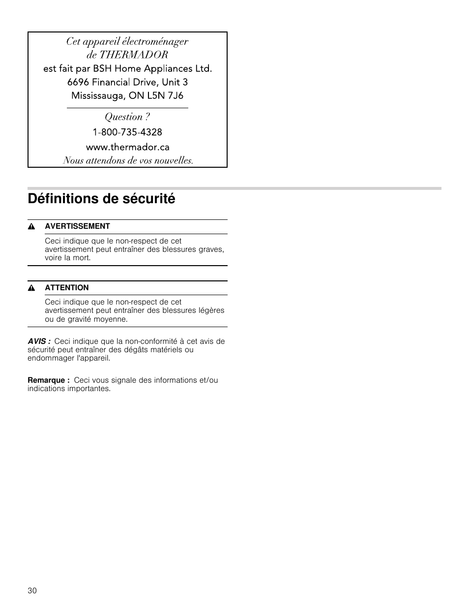 Définitions de sécurité | Thermador Masterpiece Series 30 Inch Built-In Microwave Use and Care Guide User Manual | Page 30 / 60