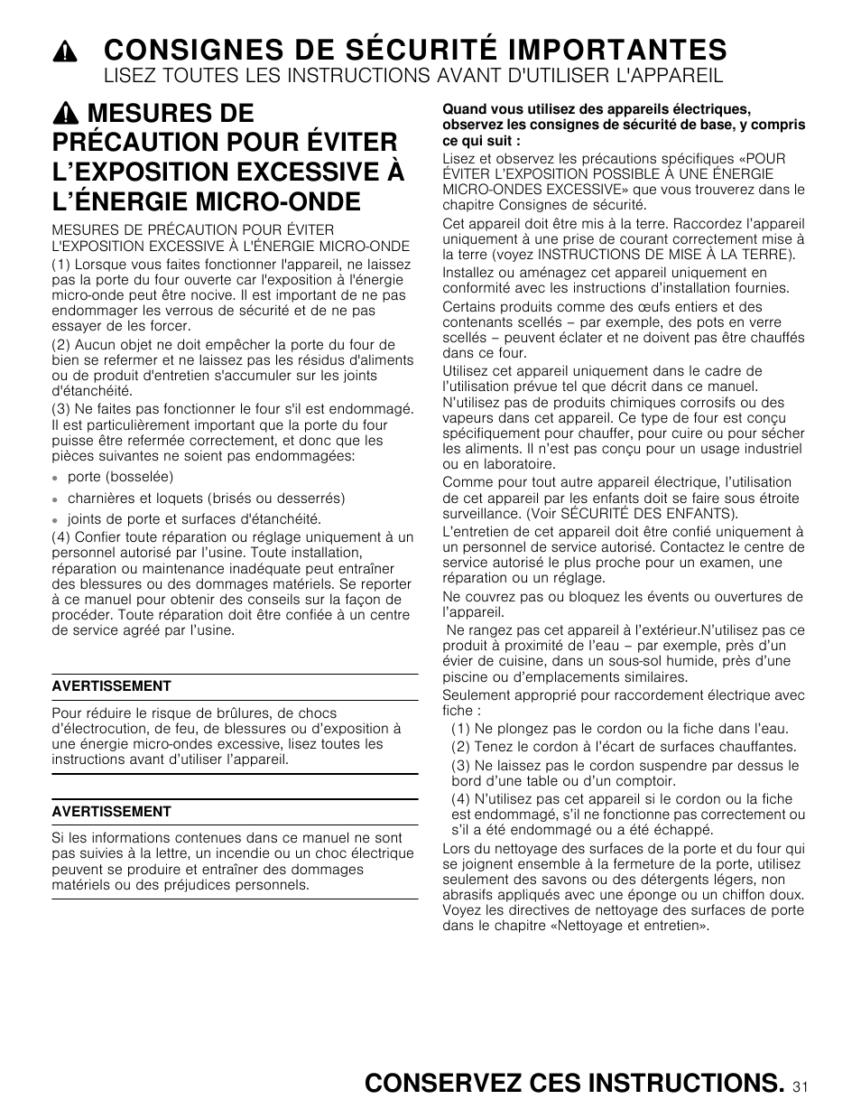 Consignes de sécurité importantes, Conservez ces instructions | Thermador Masterpiece Series 30 Inch Built-In Microwave Use and Care Guide User Manual | Page 31 / 60