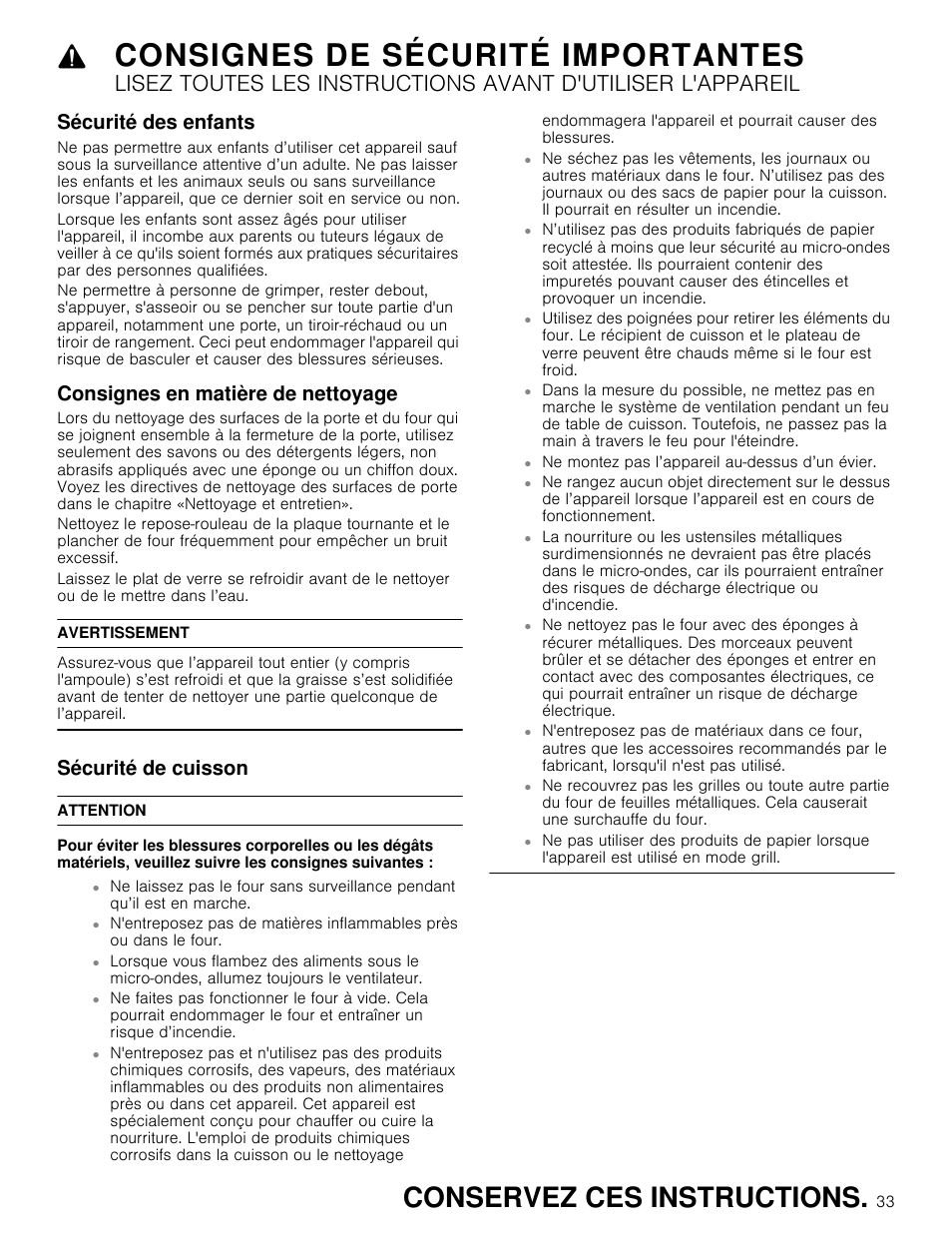 Consignes de sécurité importantes, Conservez ces instructions, Sécurité des enfants | Consignes en matière de nettoyage, Sécurité de cuisson | Thermador Masterpiece Series 30 Inch Built-In Microwave Use and Care Guide User Manual | Page 33 / 60